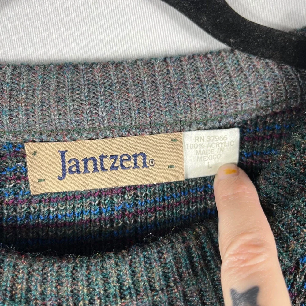 Vtg 90s Y2K Jantzen Knit Sweater Men's L Green Maroon Striped Fisherman‎ Grandpa